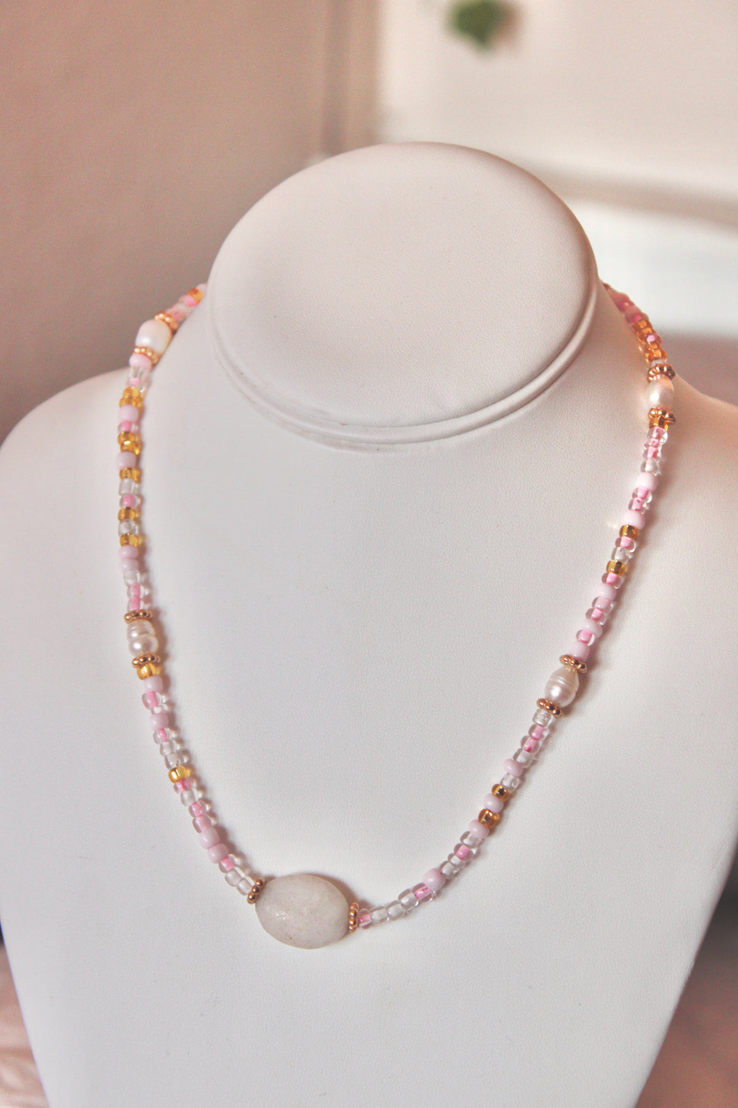 Pink seed bead shell necklace